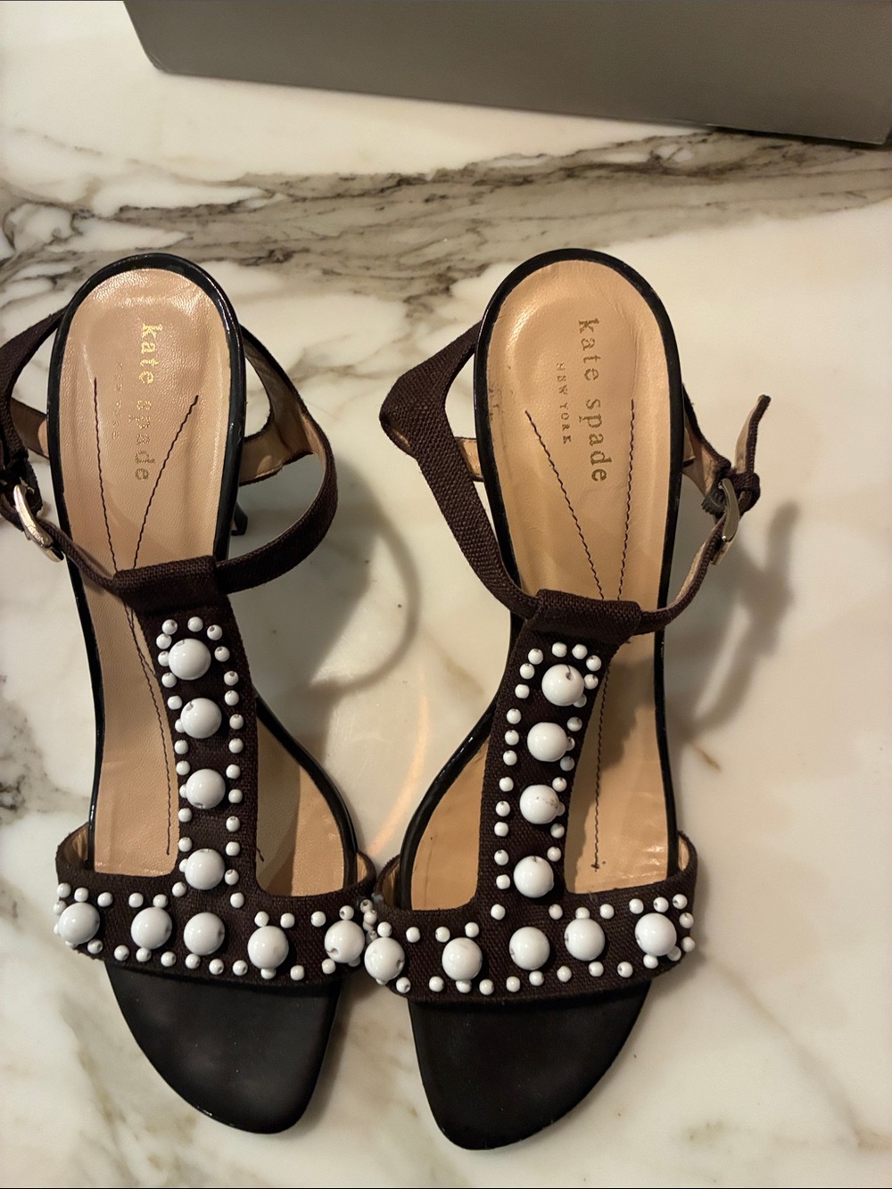 kate spade Brown T-Strap Sandals with White Bead Embellishment
